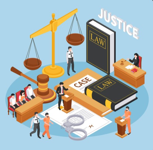 Illustration of a legal courtroom scene with law books, justice scale, judge, lawyer, and legal case elements representing professional legal services and legal consultation.
